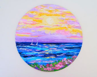 Laguna Beach Painting on Canvas Round Impasto Seascape Original Art California Small Painting Above Bed Art by 8 by 8" by Julia Happy Art