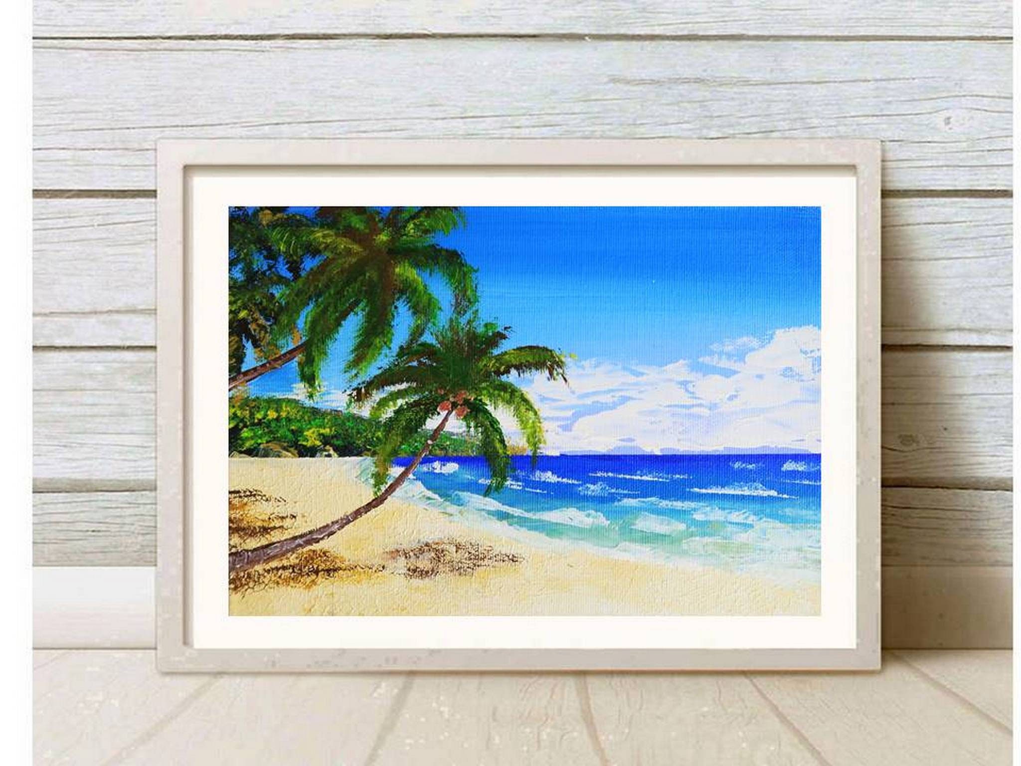ハワイの絵画 オリジナルアートワーク ヤシの木 小さな絵画 海の景色
