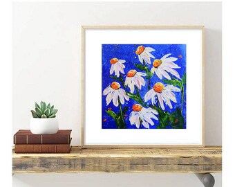 Daisy Painting Floral Original Art Flower Small Acrylic Painting Impasto Painting 5 by 5" by Julia Happy Art