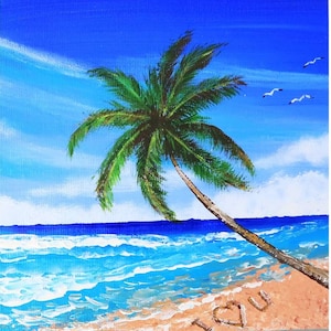 Hawaii Painting Original Artwork Palm Tree Small Painting Seascape Wall Art Tropical Beach Acrylic Painting 7 by 7 in by Julia Happy Art