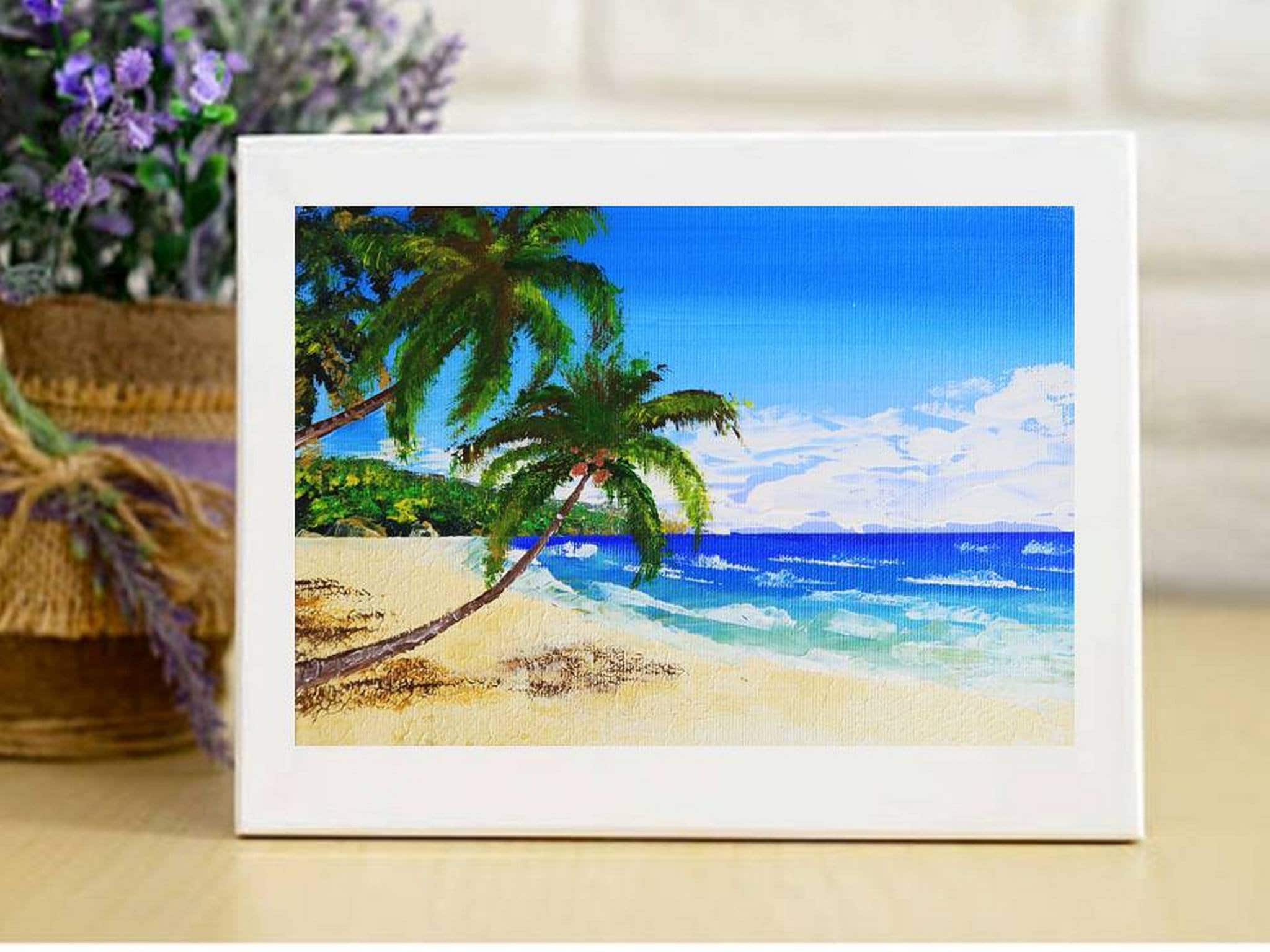 ハワイの絵画 オリジナルアートワーク ヤシの木 小さな絵画 海の景色