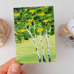 Berkenbomen schilderij ACEO Impasto oliebomen kunstwerk klein schilderij muur kunst originele kunst landschap schilderij 2,5 bij 3,5 in door Julia Happy Art