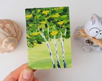 Birch Trees Painting ACEO Impasto Oil Trees Artwork Small Painting Wall Art Original Art Landscape Painting 2.5 by 3.5 in by Julia Happy Art