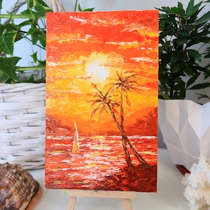 Hawaii Painting Original Artwork Impasto Palm Tree Small Painting Seascape Wall Art Tropical Beach Oil Painting 8 by 5 in by Julia Happy Art