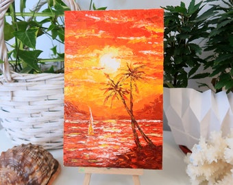 Hawaii Painting Original Artwork Impasto Palm Tree Small Painting Seascape Wall Art Tropical Beach Oil Painting 8 by 5 in by Julia Happy Art