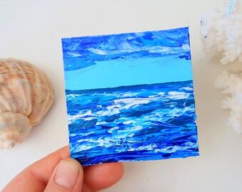 Laguna Beach Painting Impasto Seascape Original Art California Small Painting Above Bed Art by 3 by 3" by Julia Happy Art