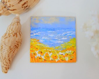 California Yellow Poppy Painting Floral Mini Original Art Seascape Impasto Acrylic Painting Poppy Wall Art 3 by 3" by Julia Happy Art