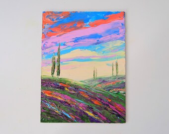 Tuscany Painting Lavender Original Art Landscape Wall Art Impasto Oil Painting 8 by 6 by Julia Happy Art