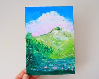 Vermont Oil Painting Impasto Original Art Mountain Oil Painting Small Original Artwork 5 by 7" Above Bed Art by Julia Happy