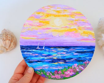 Laguna Beach Painting on Canvas Round Impasto Seascape Original Art California Small Painting Above Bed Art by 8 by 8" by Julia Happy Art