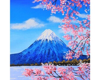 Cherry Blossom Original Art Fuijan mountains Japanese artwork Sakura flower painting on Canvas Small Art  7 by 7" by Julia Happy Art