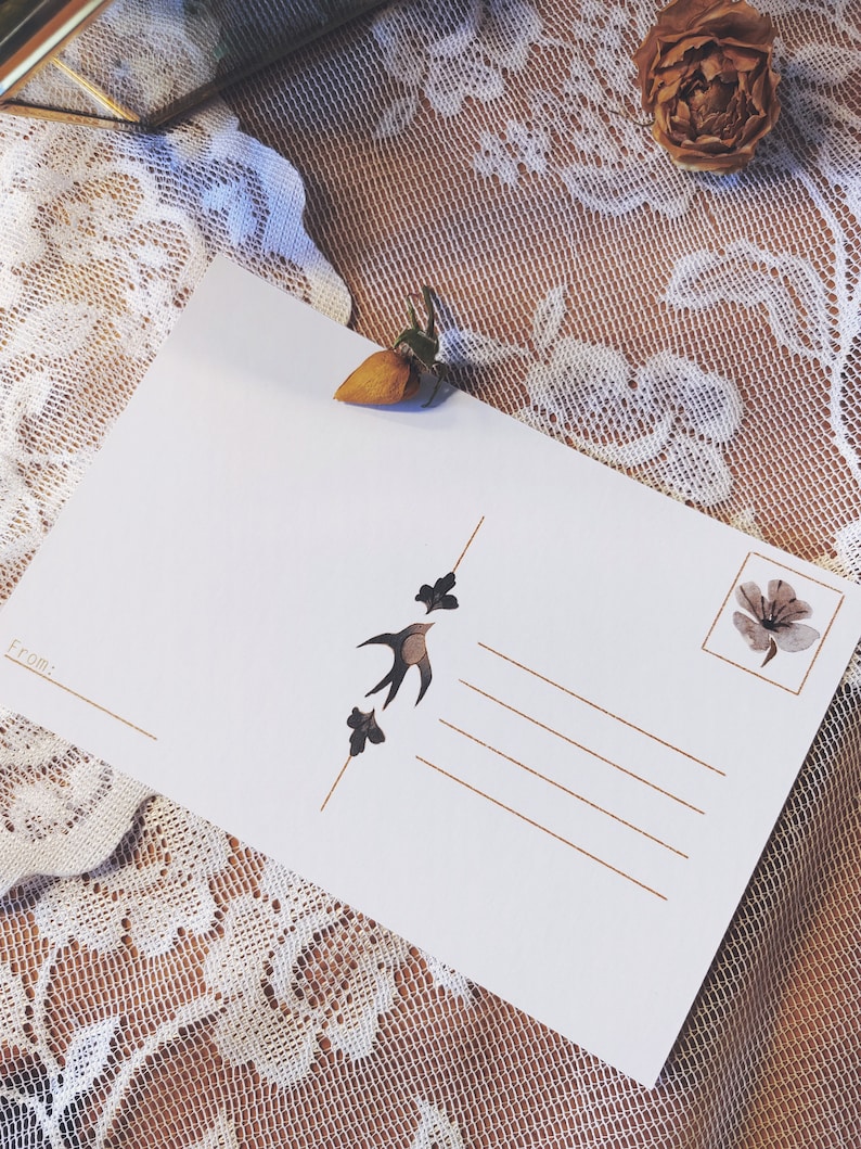 May include: A blank white postcard with a brown bird and leaves design. The postcard has a space for a stamp and an address. The postcard is lying on a white lace tablecloth.