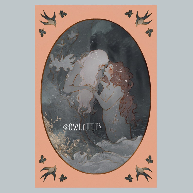May include: A digital illustration of two figures embracing in a watery setting. The figures are depicted with flowing hair and ethereal features, suggesting a romantic or mythical theme. The background is a soft blue and gray, with hints of white and gold, creating a dreamy atmosphere. The text "@OWLYJULES" is visible in the lower center of the image.