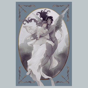 May include: A digital illustration of two women embracing. One woman has wings and is holding the other woman who has butterfly wings. The background is a cloudy sky with stars.