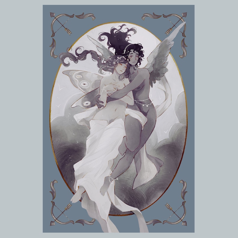 May include: A digital illustration of two women embracing. One woman has wings and is holding the other woman who has butterfly wings. The background is a cloudy sky with stars.