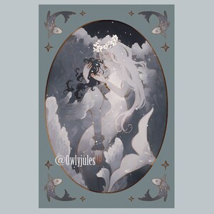 May include: A digital illustration of two mermaids embracing in a swirling, blue and white ocean scene. The mermaid on the left has dark hair and a blue tail, while the mermaid on the right has long, white hair and a white tail. The background is filled with swirling clouds and stars. The text "@owlyjules" is visible in the lower left corner.