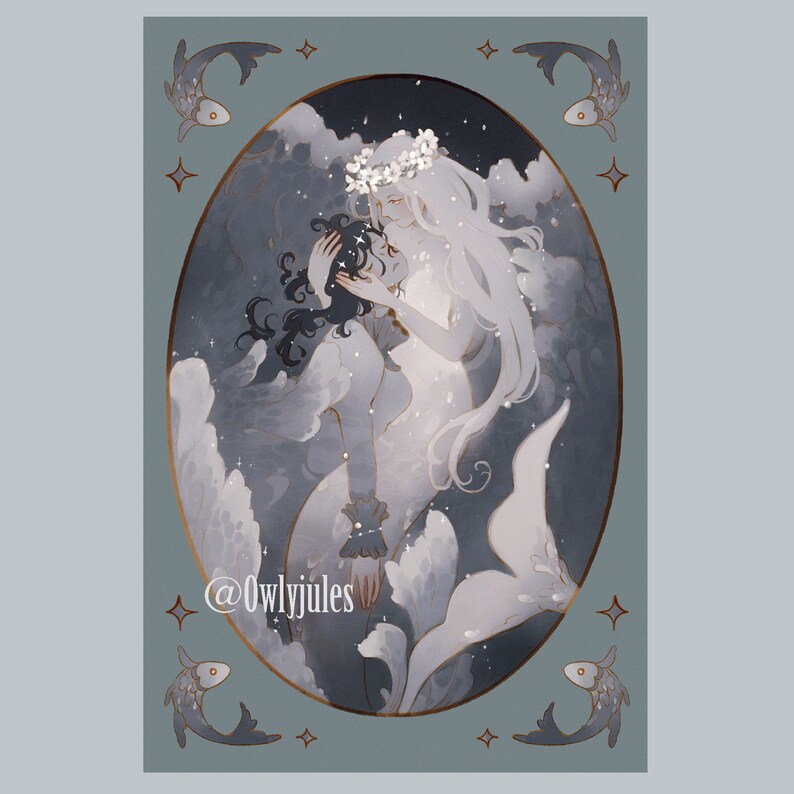 May include: A digital illustration of two mermaids embracing in a swirling, blue and white ocean scene. The mermaid on the left has dark hair and a blue tail, while the mermaid on the right has long, white hair and a white tail. The background is filled with swirling clouds and stars. The text "@owlyjules" is visible in the lower left corner.