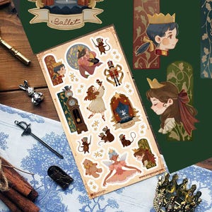 Puede incluir: Una colección de pegatinas con ilustraciones temáticas de ballet, incluyendo un reloj, un príncipe, una bailarina y un cascanueces. Otros elementos incluyen una llave dorada, una corona, una espada y palitos de canela. La palabra "Ballet" es visible.