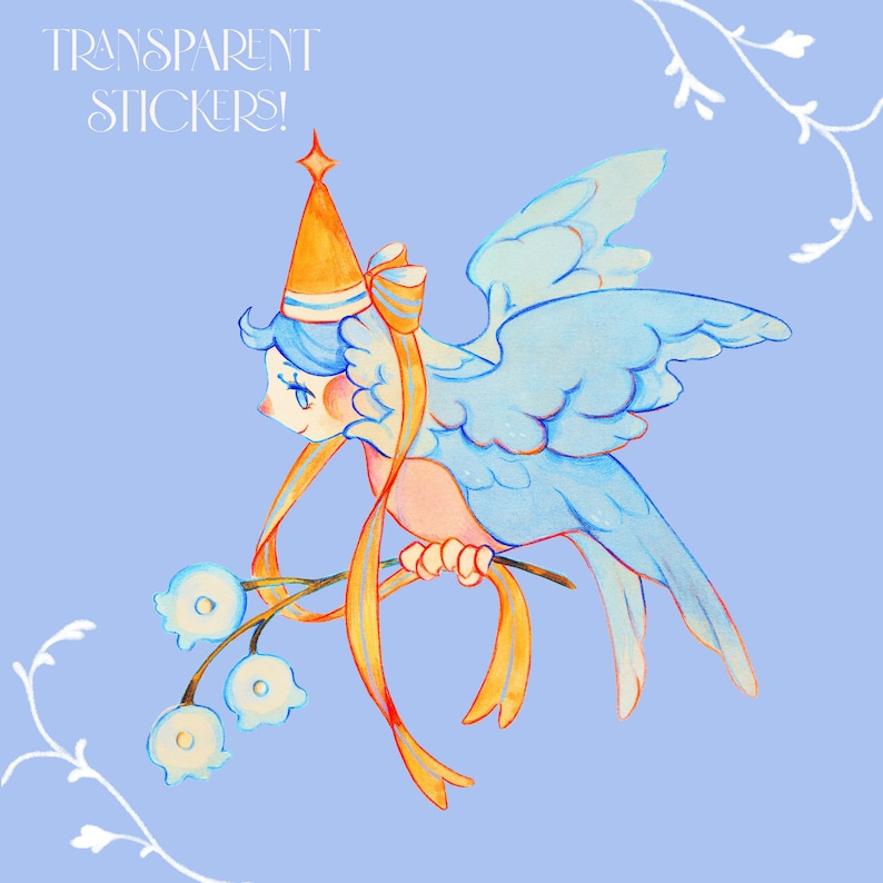 May include: A blue bird with yellow ribbon and a crown, holding a branch with blue flowers. The bird has a pink belly and blue wings. The background is light blue. "TRANSPARENT STICKERS!" is written in white at the top of the image.