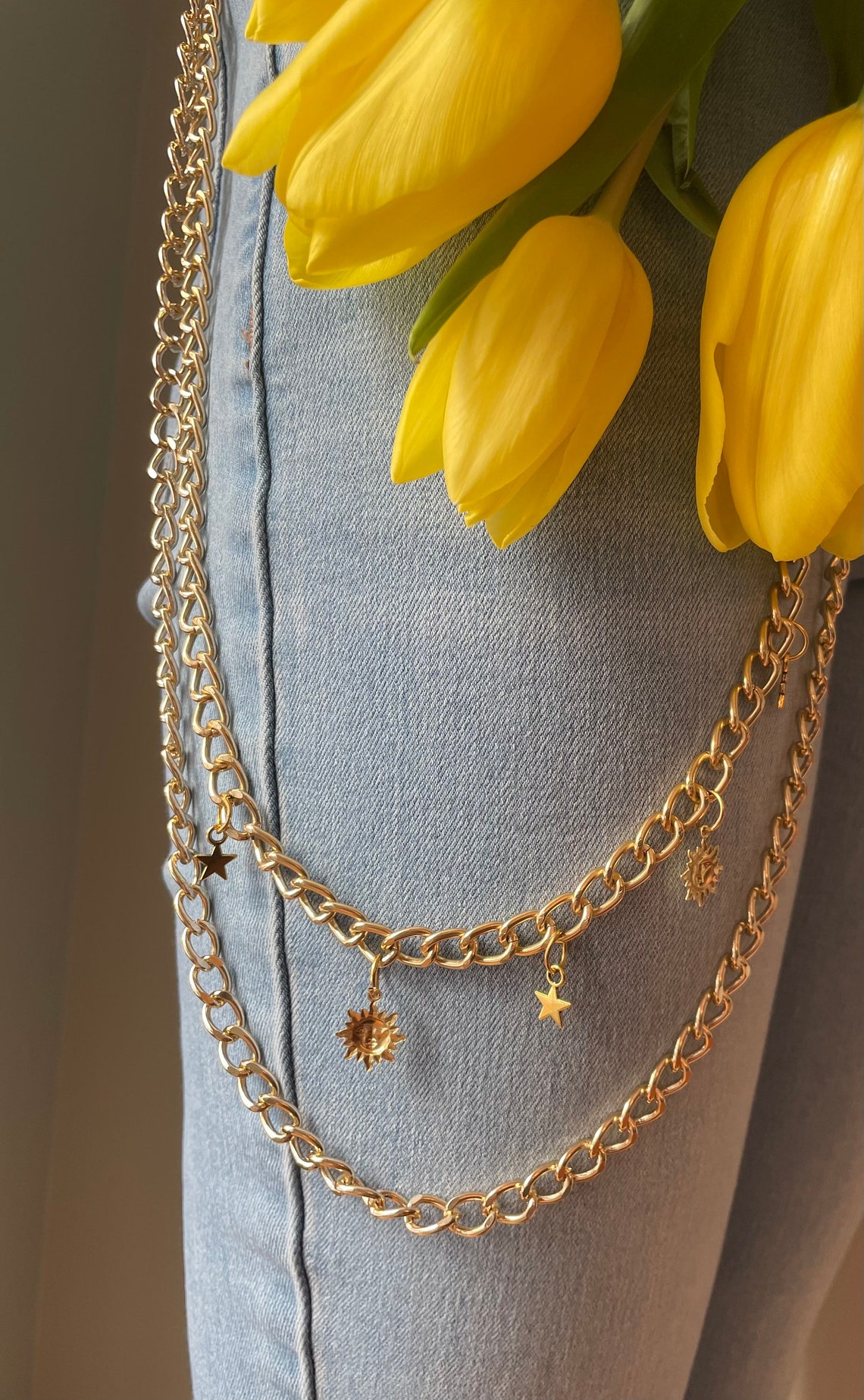 Gold charm jean chain Etsy