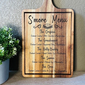 S'mores Board | S'mores Menu | Camping S'mores | Bonfire | Campfire | Outdoors | Family Time | S'mores Cutting Board | Under The Stars