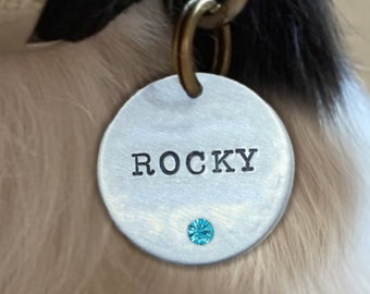 Personalized Dog ID Name tag with crystal, Bling Tag, Cat tag small, Engraved Pet Tag, Custom Collar charm, Hand stamped double sided