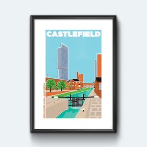 May include: A colorful illustration of the Bridgewater Canal in Castlefield, Manchester. The image features a canal with a lock, a tall building, and brick buildings along the canal.