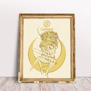 Impressão artística de Gêmeos, arte de parede do zodíaco, decoração de signo, pôster celestial, constelação de estrelas de Gêmeos, presente para mulher de Gêmeos, arte estética Boho