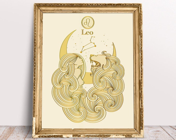 Leo zodiac print, Leo wall art, Star sign wall decor, Crescent moon, Zodiac Leo star constellation, Boho decor, Astrology print, Leo gifts