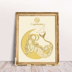 Impresión artística de Capricornio, decoración de pared del zodíaco, póster celestial, impresión lunar boho, regalo de Capricornio, obra de arte de constelación de estrellas, decoración del hogar boho
