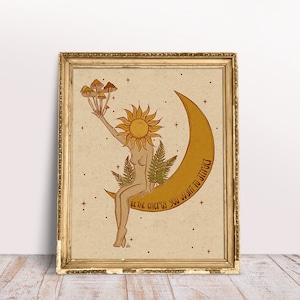 Vintage Moon and Sun Wall Art Mushroom Art Print Psychedelic Wall Decor Retro Cottagecore Decor Celestial Fungi Art 70s vintage poster