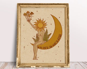 Vintage Moon and Sun Art Print: Psychedelic Celestial Mushroom Decor