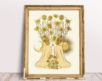 Psychedelic Art Print Sun and Moon Wall Decor, Boho Wall Art Mushroom Poster, Wildflowers Art Bedroom Cottagecore Poster Gift for Sister