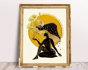 Psychedelic art print, Boho mushroom decor, Mental health quote art, Hippie decor, Fungi woman, Boho divine feminine wall art, Sun goddess