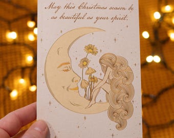 Christmas Card Magical Feminineart – Boho Art, Whimsical Cards, Sleeping moon art