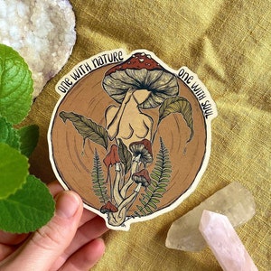 Un autocollant en vinyle nature, autocollants extérieurs résistants aux intempéries, art champignon, autocollant hippie, autocollants Cottagecore, dame champignon champignon vénéneux