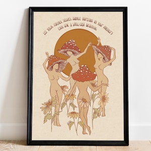 Antiguos yoes: Impresión artística de mujeres con hongos danzantes silvestres, Energía femenina divina, Decoración con hongos Amanita Muscaria, Póster de flores silvestres de pradera