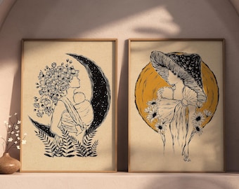 Set of two prints baby wearing art, Mushroom woman print, Nursery wall decor, Baby wrap wall art, Baby shower gift, Motherhood Hippie mum