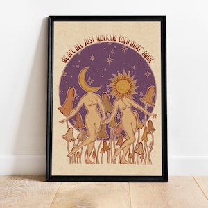 Lámina de arte de pared vintage con luna y sol, decoración de pared psicodélica con estampado de hongos, decoración retro cottagecore, póster vintage de los años 70 con arte hippie celestial