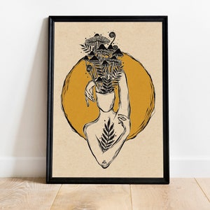 Lámina de arte estilo cottagecore boho, arte psicodélico, decoración hippie, arte psicodélico con hongos, póster boho, decoración de pared natural y terrosa, arte de pared con sol