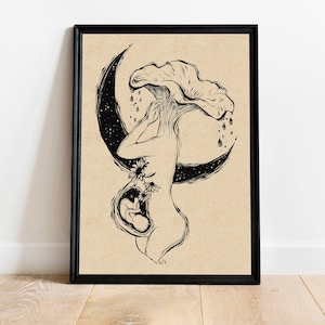Wydruk artystyczny kobiety w ciąży, Sztuka matki z dzieckiem, Ilustracja grzyba, Sztuka ścienna półksiężyca, Prezent na baby shower, Dekoracja pokoju dziecięcego, Macierzyństwo
