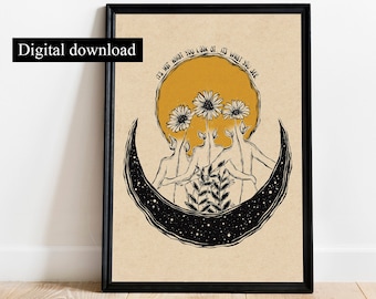 Psychedelic Printable Wall Art Celestial Digital Download Sun and Moon Boho Decor Mushroom Home Decor Feminine Art Sun And Moon Wall Art