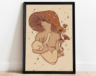 Breastfeeding mother and baby art print, Mushroom art print, Nursery wall decor, Boho baby wall art, Baby shower gift,Hippie mum, Motherhood