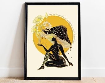Impression d'art femme champignon : déco bohème de déesse du soleil
