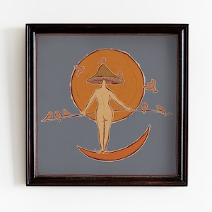 Arte de pared retro con mujer hongo, impresión de arte psicodélico de los años 70, ilustración cottagecore, decoración hippie, póster de luna y sol, póster estético