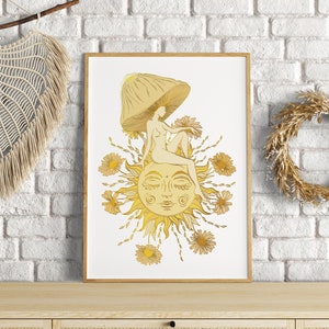 YOUR HIGHEST SELF | Mushroom woman printable wall art, Aesthetic digital download, Sun goddess, Bohemian home decor, Divine feminine print