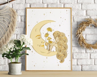 MOONCHILD | Printable wall art, Moon digital download, Divine feminine print, Hippie decor, Bohemian nursery decor, Celestial art, Boho art