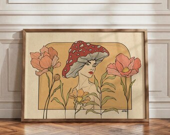 Mushroom Woman Floral Garden Art Print: Feminine Wall Decor (Personal Use)