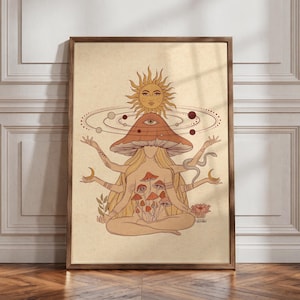 May include: A framed wall art print featuring a central figure with multiple arms sitting in a lotus position. The figure has a large mushroom cap for a head with an eye in the center, surrounded by a sun, planets, moons, and small mushrooms.