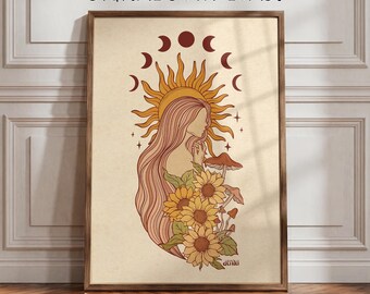 Divine Feminine Energy Wall Art Print: Celestial Woman with Sun and Moon Phases Wall Decor (Digital Download)